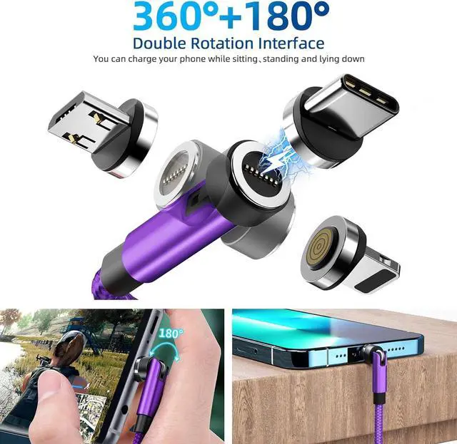 Alt view image 2 of 7 - 540° Rotation Magnetic Charging Cable 3 in 1 Magnetic Phone Charger [4-Pack, 3ft/3ft/6ft/10ft] 3A Fast Charging Cable & Data Transfer USB Magnet Charger Cable for i-P/Micro USB/Type C Device-Purple