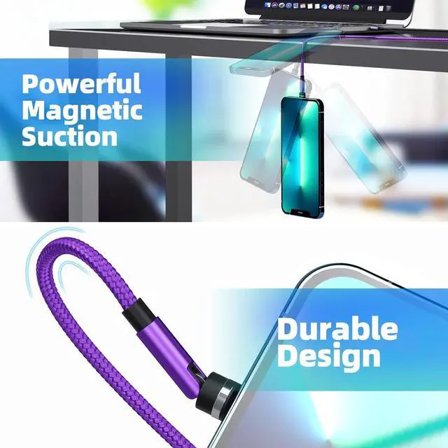 Alt view image 6 of 7 - 540° Rotation Magnetic Charging Cable 3 in 1 Magnetic Phone Charger [4-Pack, 3ft/3ft/6ft/10ft] 3A Fast Charging Cable & Data Transfer USB Magnet Charger Cable for i-P/Micro USB/Type C Device-Purple