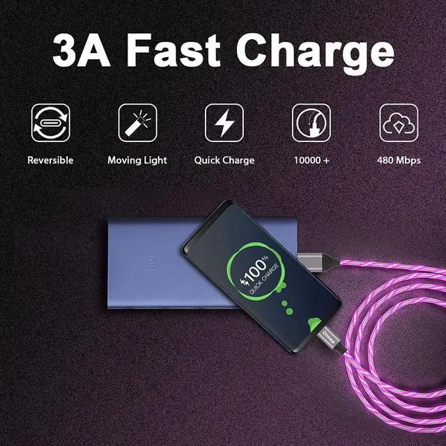 Alt view image 2 of 7 - USB C Cable, 6ft Type C Charging Cable Fast Charge, Lighted Up LED Cable, USB Type C Cable Compatible with Samsung Galaxy S23 S22 S21 Ultra S21 S20 S10 S9 S8 Plus Note 20 10 9 Pixel (Purple)