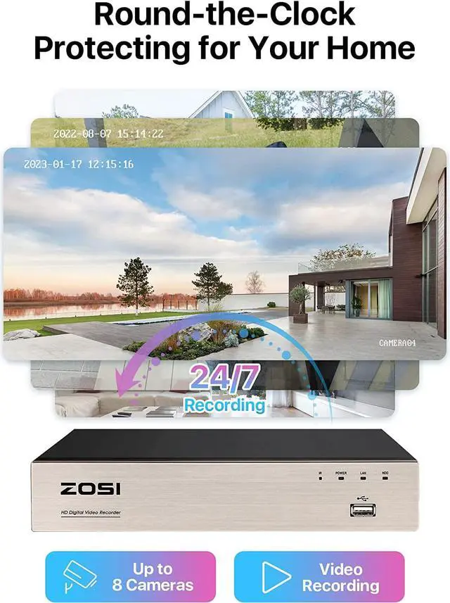 Alt view image 5 of 7 - Gadpiparty ZOSI 8CH 5MP Lite Security Camera System Outdoor, 8 Channel H.265+ 5MP Lite CCTV DVR with 1TB Hard Drive and 8X1920TVL 1080P Home Surveillance Cameras,80ft Night Vision,Remote Access