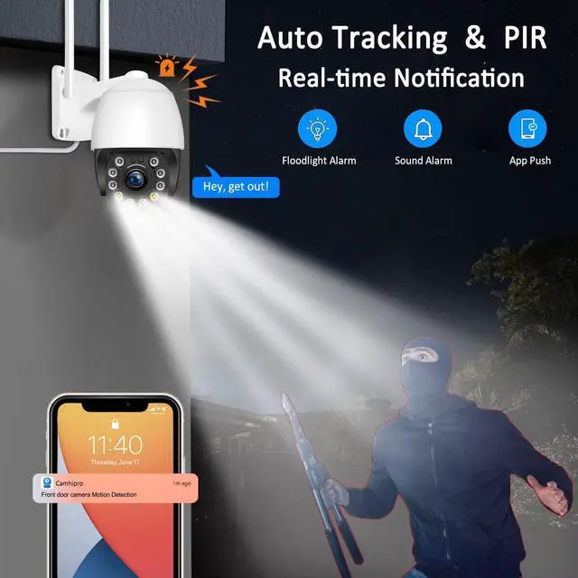 Alt view image 4 of 6 - Security Camera Outdoor Wired with Night Vision Color, 360 WiFi Cameras for Home Security, Waterproof Video Surveillance Cameras, Motion Detection, Auto Tracking & Alarm, Fee Phone App and PC Software