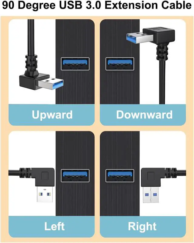 Alt view image 2 of 6 - 90 Degree USB 3.0 Extension Cable (4 Pack) Vertical Up and Down Angle Horizontal Left and Right Angle USB Male to Female Extender Cord (Black 30CM)