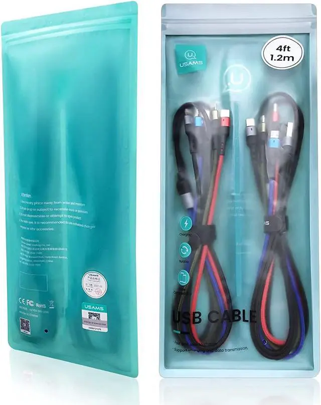 Alt view image 7 of 7 - 2Pack Multi Charging Cable USAMS Multiple Charger Cord Nylon Braided Short 4FT 4 in 1 USB Charge Cord with Phone/Type C/Micro USB Connector for Phone/Galaxy S20/S10S9/S8/S7 and More