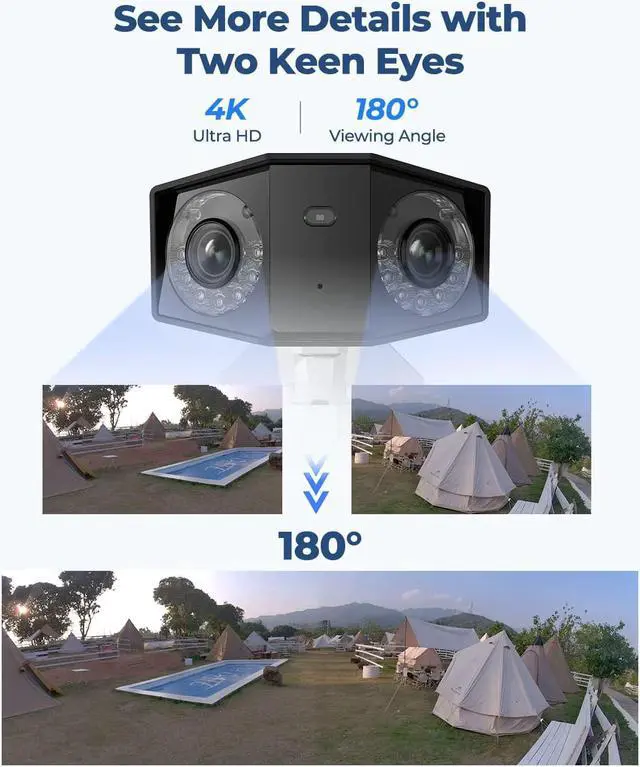 Alt view image 2 of 7 - 4K PoE Security Camera System, Home Outdoor IP Camera in 180 Degree Viewing Angle, Human/Vehicle/Pet Detection, Color Night Vision, Two Way Talk, Up to 256GB microSD Card, Duo 2 PoE