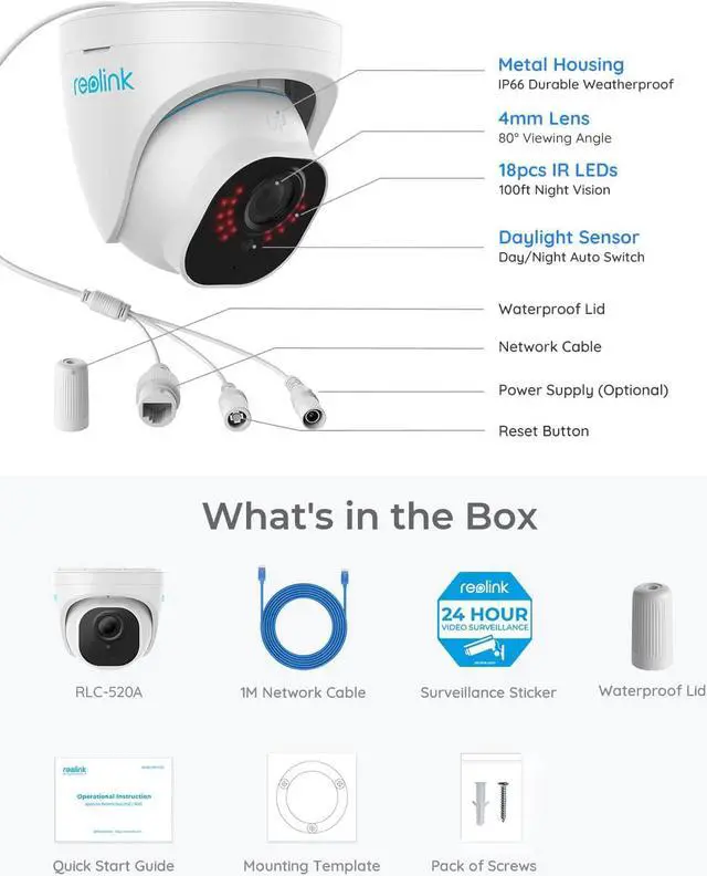 Alt view image 7 of 7 - REOLINK Security Camera Outdoor, IP PoE Dome Surveillance Camera, Smart Human/Vehicle Detection, Work with Smart Home, 100ft 5MP HD IR Night Vision, Up to 256GB microSD Card, RLC-520A