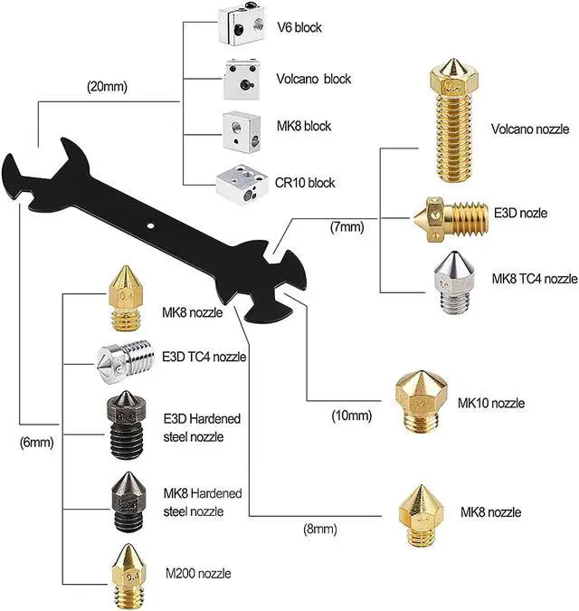Alt view image 5 of 7 - 6mm 7mm L-Shaped Hexagonal Wrench Tool & 5 in 1 Multi-Function Wrench for Fixed Mk8 Ender 3 Brass Nozzle Included Copper Wire Toothbrush 3D Printer Accessories (5 Tools)