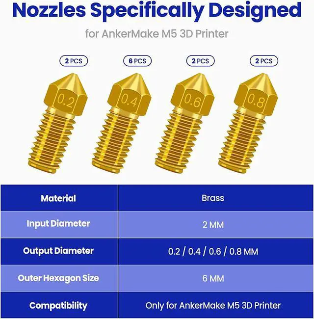 Alt view image 2 of 7 - Brass Nozzle Kit for AnkerMake M5/M5C, 0.2-0.8mm, 12PCS | High Temp Resistant, Upgraded Durable, 4 Size Assortment(0.2/0.4/0.6/0.8mm), Compatible with Ender 3/3 Pro/V2
