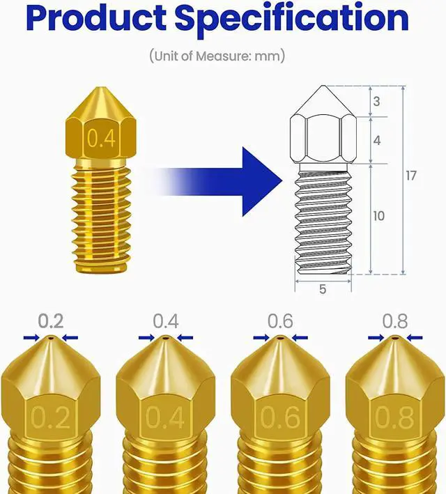 Alt view image 3 of 7 - Brass Nozzle Kit for AnkerMake M5/M5C, 0.2-0.8mm, 12PCS | High Temp Resistant, Upgraded Durable, 4 Size Assortment(0.2/0.4/0.6/0.8mm), Compatible with Ender 3/3 Pro/V2