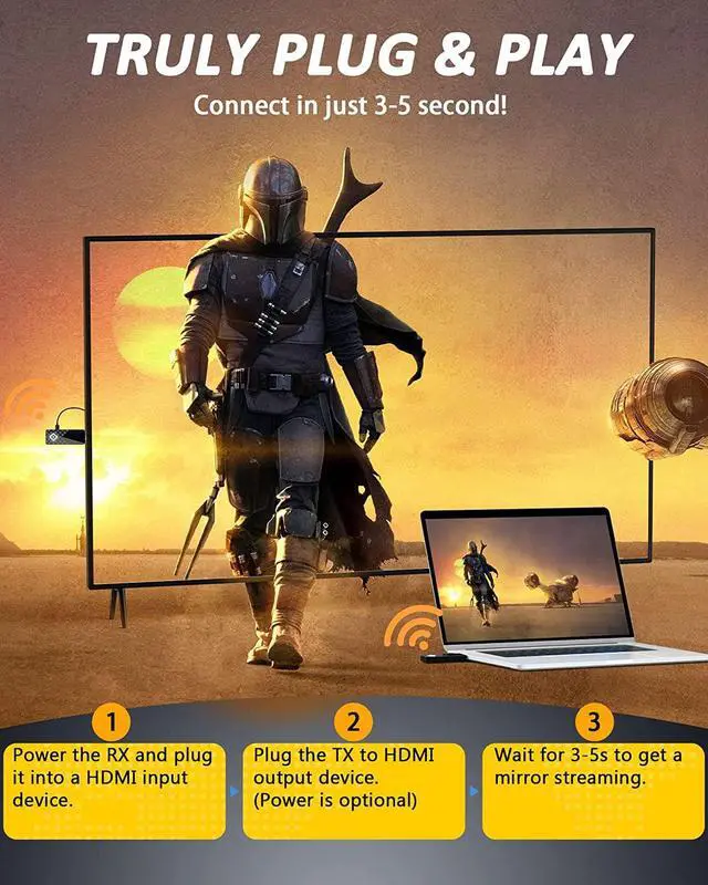 Alt view image 2 of 7 - Wireless HDMI Transmitter and Receiver 4K Decode, 5G/1080P Portable Wireless Display Extender, 165FT Range, Truly PlugPlay for Casting Video from Laptop/TV Box to TV/Projector/Monitor, NO Splitter