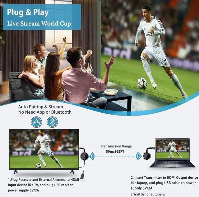 Alt view image 2 of 7 - Wireless HDMI Transmitter and Receiver 4K, Streaming Smooth Media Video/Audio 5G HDMI Wireless Extender for Laptop, Camera, Cable Box, DVD, Phone to Monitor, Projector, HDTV 165FT