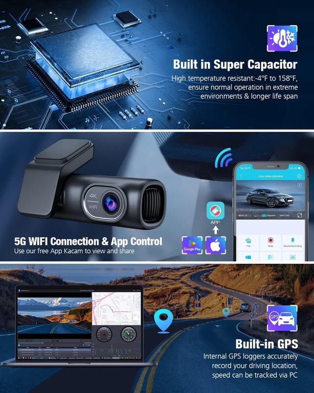  OMBAR 3 Channel Dash Cam, Built-in WiFi GPS, eMMC 64G Storage,  4K Front Dash Cam, 2K+1080P Car Camera Front and Cabin/Rear,  1080P+1080P+1080P Dashcams for Cars with 3.99 IPS Screen, IR Night