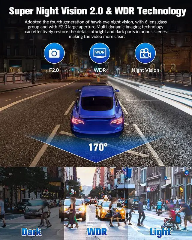 Alt view image 2 of 7 - Dash Camera for Cars,4K Full UHD Car Camera Front Rear with Free 32GB SD Card,Dashcams for Cars with Night Vision,24 Hours Parking Mode,WDR,G-Sensor,Motion Detection