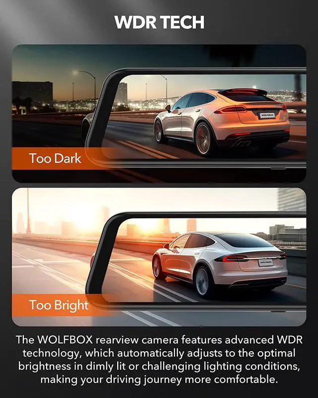 Alt view image 3 of 7 - WOLFBOX 12'' Mirror Dash Cam with WiFi, 2.5K Rear View Mirror Camera with 1080P Backup Camera, WiFi Mirror Dash Cam Front and Rear, Included 32GB Card & GPS