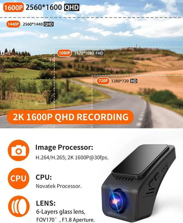 Alt view image 3 of 6 - AX2V 2K Dash Cam for Cars with Super Night Vision, 170° Wide Angle, APP Control - Screenless 1600P OE Fit Dash Camera with WDR, G-Sensor, Loop Recording, Parking Mode, Built-in 32GB eMMC Storage