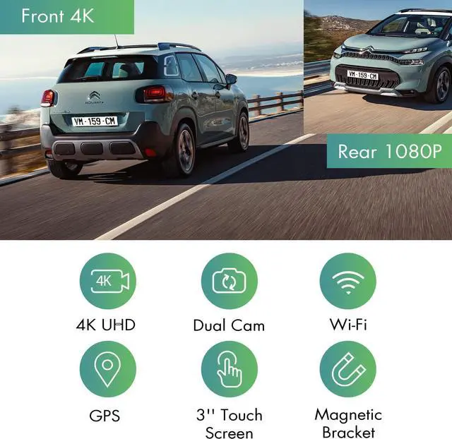 Alt view image 2 of 7 - 4K Dual Dash Cam Front and Rear, Wi-Fi GPS, 3 Inches IPS Touch Screen, Car Camera Driving Recorder with Night Vision, Parking Mode