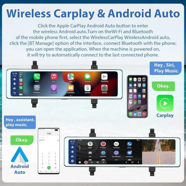 Alt view image 3 of 7 - Front & Rear Mirror Dash Cam with Wireless Carplay&Android Auto,11.26 Inch IPS Touchscreen Dash Camera Support DVR Voice Control Bluetooth Call FM Transmitter