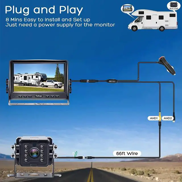 Alt view image 2 of 7 - RV Backup Camera Plug and Play - No Delays 7 Inch HD 1080P Rear View Camera with IR Night Vision 2 Channels - Waterproof Reverse Camera for Truck Trailer Camper Tractor Y14