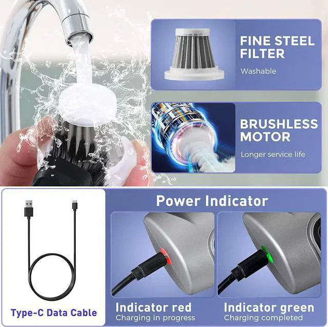 Alt view image 5 of 7 - Saker Handheld Vacuum Cleaner Car - Wireless Mini Vacuum Cleaner 3 in 1 Multifunctional Brushless Motor 12000PA with USB-C,Portable Handheld Car Vacuum Cleaner for Keyboard Cleaning, Outdoor and Home