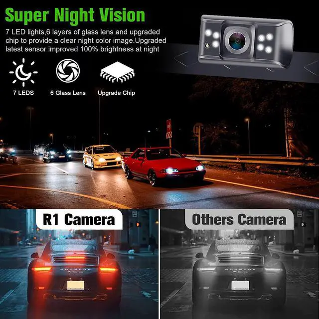 Alt view image 3 of 7 - Rohent Backup Camera Monitor HD 1080P Night Vision Waterproof Car Truck License Plate Back Up Rear View Reverse Cam Kit DIY Gridlines R1