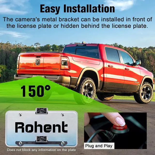 Alt view image 5 of 7 - Rohent Backup Camera Monitor HD 1080P Night Vision Waterproof Car Truck License Plate Back Up Rear View Reverse Cam Kit DIY Gridlines R1