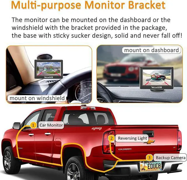 Alt view image 4 of 7 - VM1 Wired Backup Camera Kit with 4.3 Monitor, 1080P License Plate Camera, IP68 Waterproof Night Vision, Reverse/Continuous View for Car, SUV, Pickup, Sedan, Truck, 33ft Cable