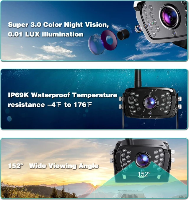 Alt view image 4 of 7 - Wireless Backup Camera, 7 Inch Monitor Rear View Camera System for RV, Trailers, Trucks, 5th Wheels, Support 2 Cameras, IP69 Waterproof 18 LED IR Night Vision 152° View Camera, DIY Guide Lines