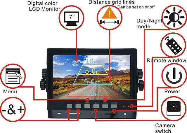 Alt view image 3 of 7 - 7" 1080P AHD Wired Reverse Rear View Backup Camera System,Guide line,IP69K No Water Leakage Camera, Night Vision, Vibration-Proof 10G for Tractor/Truck/Excavator/Caravan/Skid Steer/Heavy Equipment