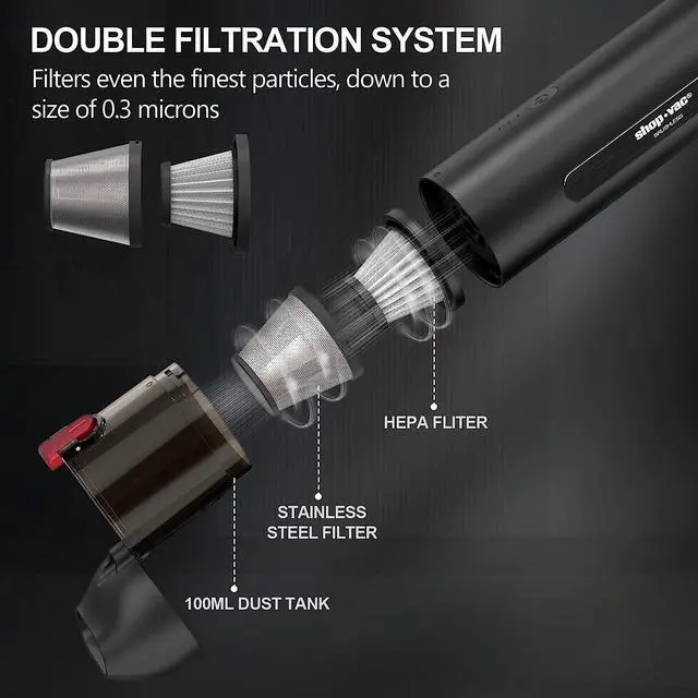 Alt view image 6 of 6 - Shop-Vac Handheld Vacuum Cordless, 13000Pa Suction Power, 100W Brushless Motor, Mini Vacuum Cleaner with LED Light, Rechargeable Battery and Attachments, for Home, Office and Car