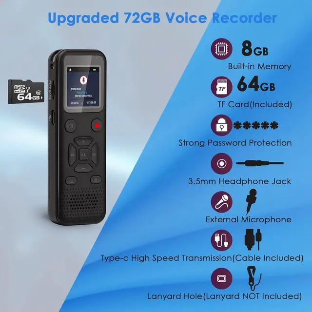 Alt view image 3 of 7 - 72GB Digital Voice Activated Recorder: Portable Tape Recorder with Playback Audio Recording Device for Lectures Meetings, Small Dictaphone Sound Recorder with Line in | Password | Support TF Expansion