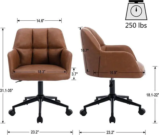 Alt view image 2 of 7 - VESCASA Adjustable Home Office Desk Chair with Comfy Square Tufted Mid-Back, Faux Leather 360 Swivel Upholstered Task Armchair with Wheels for Teens Bedroom/Living Room, (Brown)