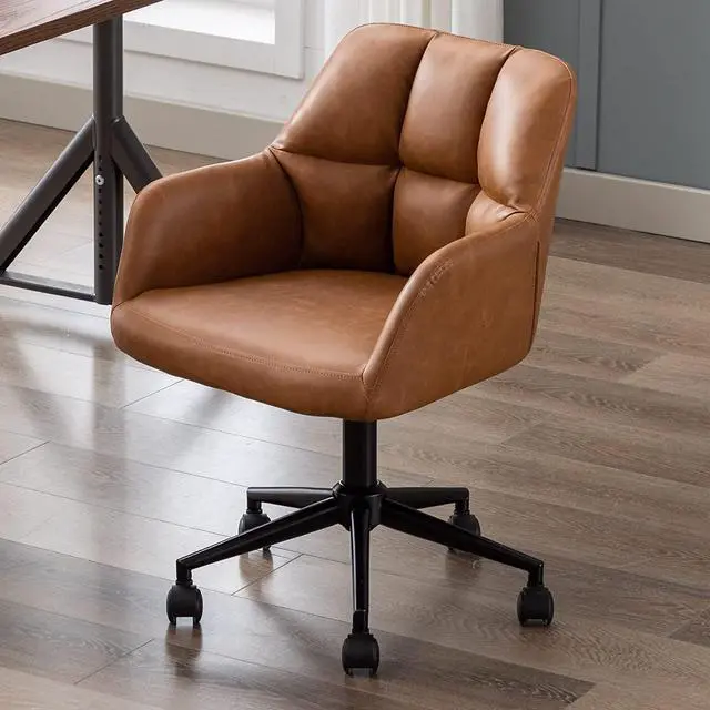 Alt view image 3 of 7 - VESCASA Adjustable Home Office Desk Chair with Comfy Square Tufted Mid-Back, Faux Leather 360 Swivel Upholstered Task Armchair with Wheels for Teens Bedroom/Living Room, (Brown)