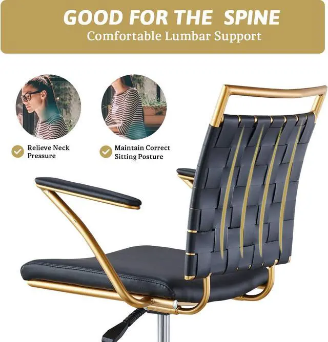 Alt view image 3 of 7 - Modern Leather Desk Chiar Gold and Black Office Chair Cute Desk Chiar Mid Back Conference Chairs with Wheels and Arms Comfortable Computer Swivel Task Chair(Black)