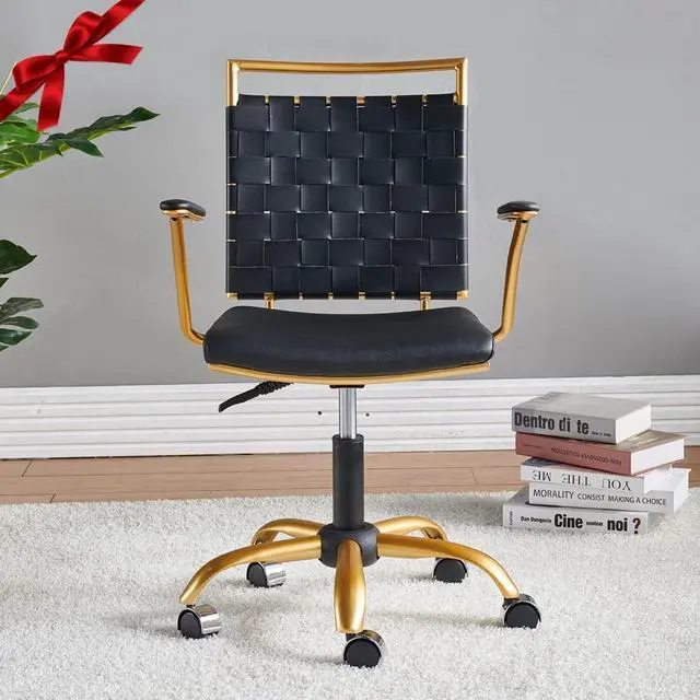 Alt view image 2 of 7 - Modern Leather Desk Chiar Gold and Black Office Chair Cute Desk Chiar Mid Back Conference Chairs with Wheels and Arms Comfortable Computer Swivel Task Chair(Black)