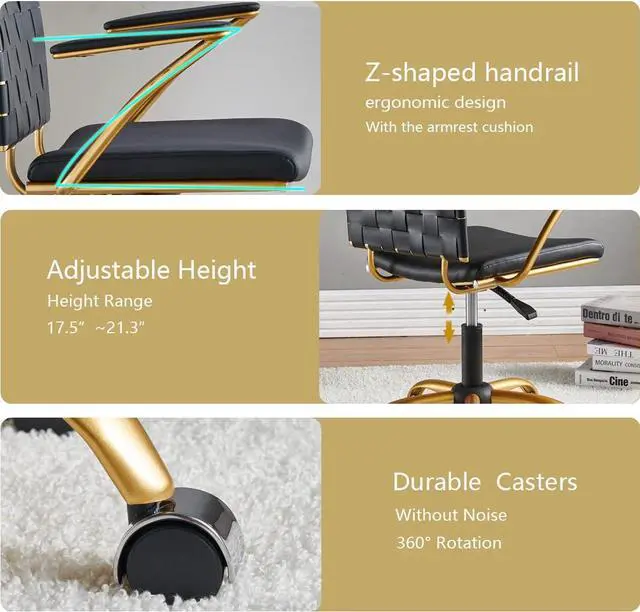Alt view image 4 of 7 - Modern Leather Desk Chiar Gold and Black Office Chair Cute Desk Chiar Mid Back Conference Chairs with Wheels and Arms Comfortable Computer Swivel Task Chair(Black)