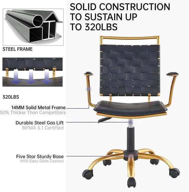 Alt view image 5 of 7 - Modern Leather Desk Chiar Gold and Black Office Chair Cute Desk Chiar Mid Back Conference Chairs with Wheels and Arms Comfortable Computer Swivel Task Chair(Black)