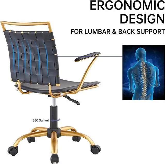 Alt view image 7 of 7 - Modern Leather Desk Chiar Gold and Black Office Chair Cute Desk Chiar Mid Back Conference Chairs with Wheels and Arms Comfortable Computer Swivel Task Chair(Black)