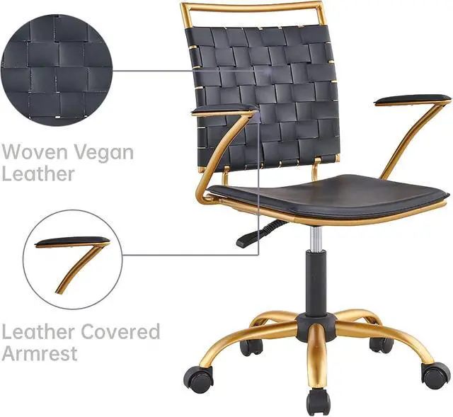 Alt view image 6 of 7 - Modern Leather Desk Chiar Gold and Black Office Chair Cute Desk Chiar Mid Back Conference Chairs with Wheels and Arms Comfortable Computer Swivel Task Chair(Black)