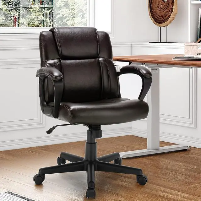 Main image of Giantex Leather Executive Chair, Ergonomic Mid Back Computer Desk Chair with 4" Thickened Cushion, Soft Padded Armrests, Height Adjustable Modern Swivel Task Chair for Home Office Study, Brown