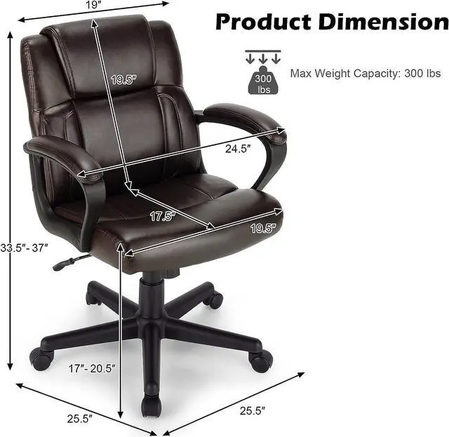 Alt view image 2 of 7 - Giantex Leather Executive Chair, Ergonomic Mid Back Computer Desk Chair with 4" Thickened Cushion, Soft Padded Armrests, Height Adjustable Modern Swivel Task Chair for Home Office Study, Brown
