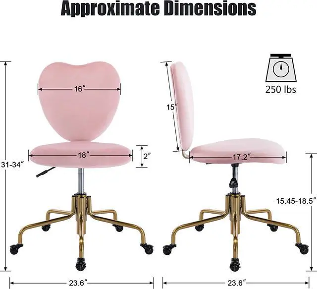 Alt view image 7 of 7 - RIVOVA Adjustable Swivel Desk Chair with Wheels, Pink Upholstered Velvet Office Vanity Task Chair with Heart Back