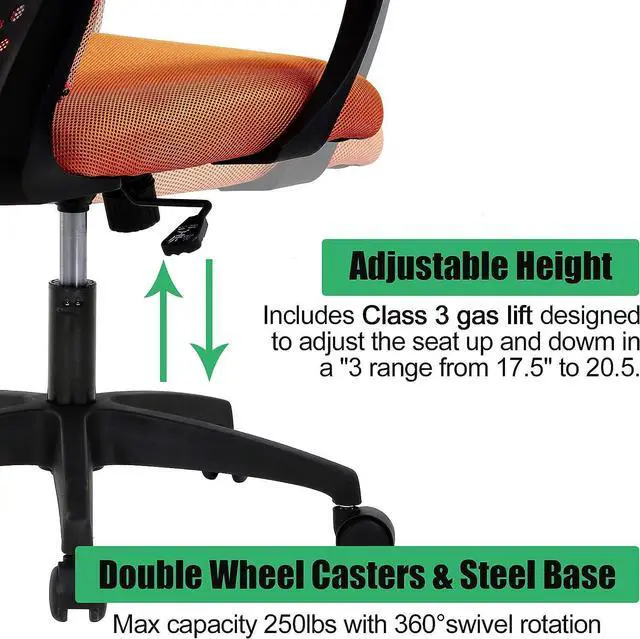 Alt view image 3 of 7 - Dkeli Office Chair, Ergonomic Mid Back Computer Desk Chair with Lumbar Support & Armrest Mesh Adjustable Height Swivel Task Executive Chair for Women Men Adult, Orange
