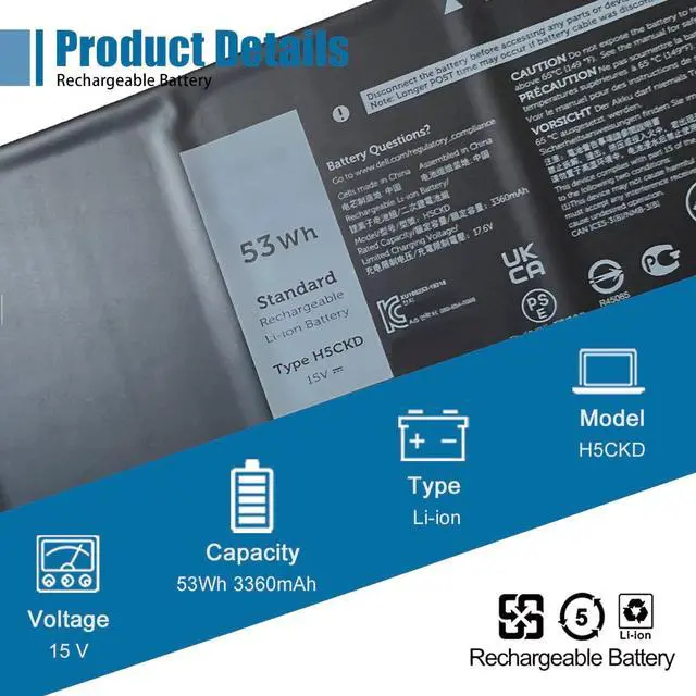 Alt view image 2 of 7 - VANPIR H5CKD Laptop Battery, 15V 53Wh 3360mAh Compatible with Dell Vostro 5300 5401 5501 Latitude 3410 3510 Inspiron 5300 5401 5408 5501 5508 5400 7405 7300 7500 2-in-1 Silver Series 07T8CD