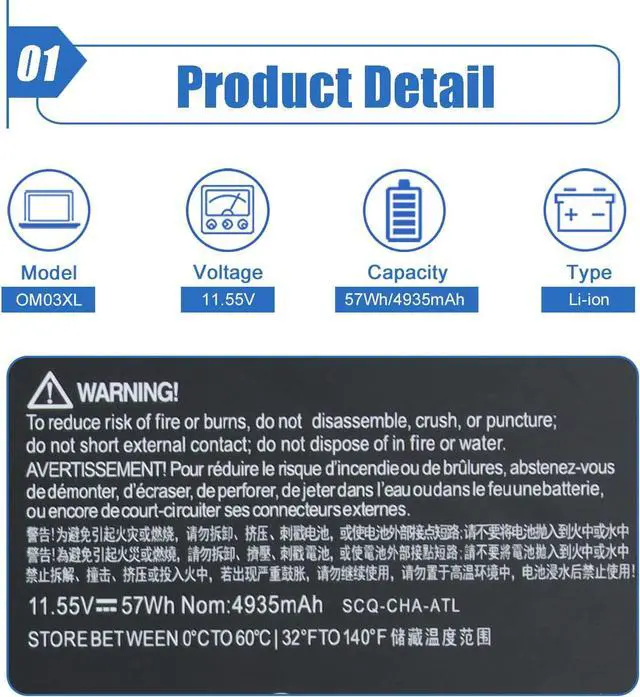 Alt view image 2 of 7 - Dentsing OM03XL 11.55V 57Wh/4935mAh 3-Cell HSTNN-IB7O 863167-171 Laptop Battery Compatible with HP EliteBook x360 1030 G2 1GY31PA Series Notebook OM03 HSN-I04C 863280-855, Welcome to consult