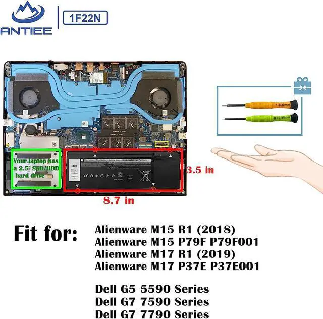 Alt view image 6 of 7 - ANTIEE 60Wh 1F22N Laptop Battery for Dell Alienware M15 R1 P79F, Alienware M17 R1 P37E, Dell G5 5590/ G7 7590/ G7 7790 Series P79F001 P37E001 JJPFK 0JJPFK HYWXJ 0HYWXJ 01F22N 06YV0V 8622M 15.2V