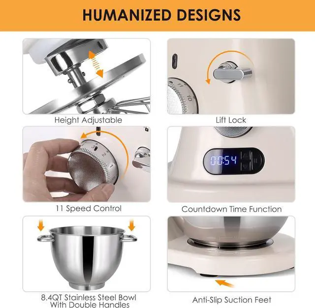 Alt view image 4 of 7 - 8.4QT Commercial Stand Mixer 800W with NSF Certified and Aluminum Die Casting, Mixers Kitchen Electric Stand Mixer Metal Food Mixer with Stainless Steel 8L Bowl, Dough Hook, Whisk and Beater