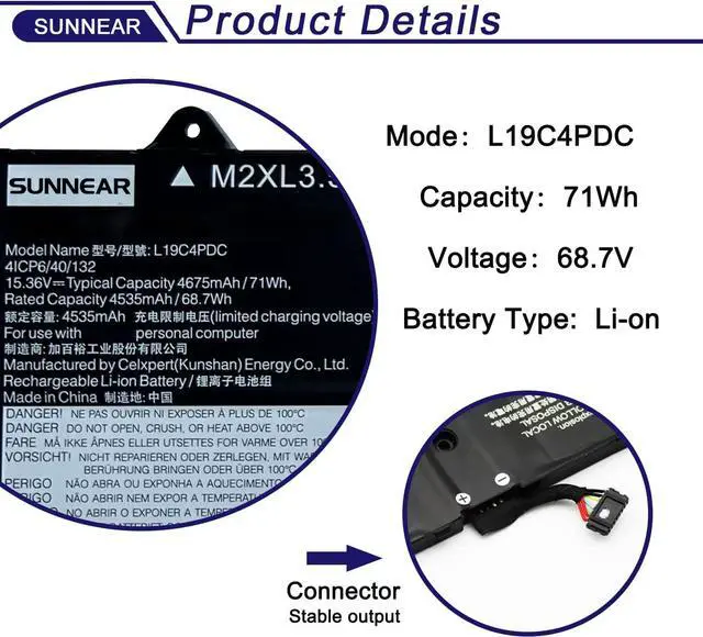 Alt view image 2 of 6 - 71Wh L19C4PDC L19L4PDC L19M4PDC Laptop Battery Compatible with Lenovo Ideapad Yoga 7-14ITL5 7-15ITL5 Series 5B10Z26482 5B10Z26485 5B10Z26479 SB10Z26481 15.36V 4675mAh