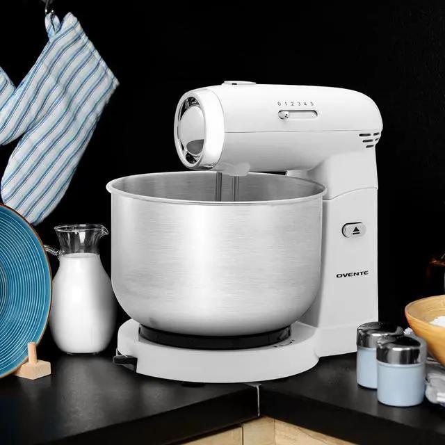 Alt view image 4 of 7 - Electric Stand Mixer with 3.5 Quarts Stainless Steel Mixing Bowl, 5 Speed Portable and Lightweight 250W Kitchen Mixer for Everyday Use, Includes 2 Egg Beater Whisk and Dough Hook, White SM680W