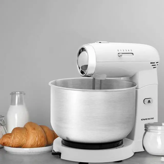 Alt view image 5 of 7 - Electric Stand Mixer with 3.5 Quarts Stainless Steel Mixing Bowl, 5 Speed Portable and Lightweight 250W Kitchen Mixer for Everyday Use, Includes 2 Egg Beater Whisk and Dough Hook, White SM680W