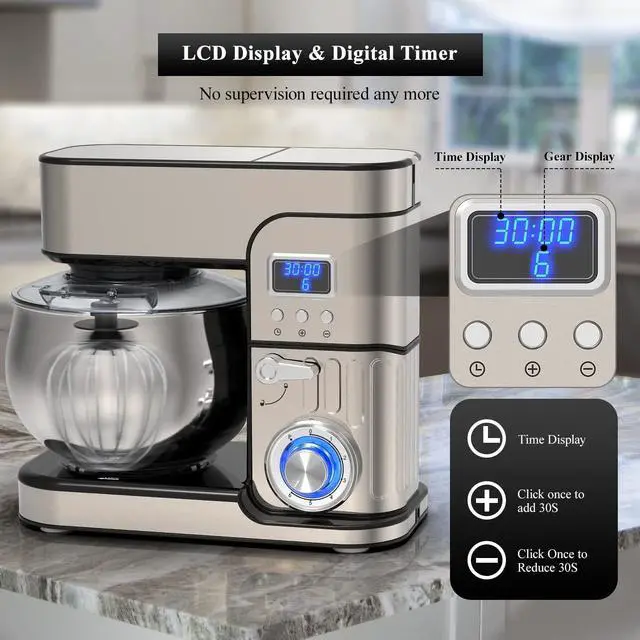 Alt view image 6 of 7 - 6-IN-1 Stand Mixer, LCD Display Kitchen Electric Mixer, 6.5QT Stainless Steel Bowl, Multi-Function Kitchen Blender With Dough Hook, Whisk, Beater, Meat Grinder, Splash Guard