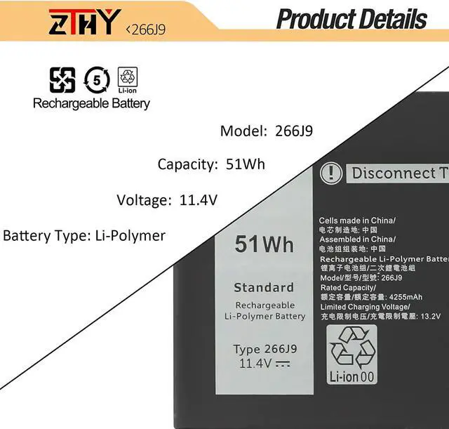 Alt view image 3 of 7 - ZTHY 266J9 Battery Replacement for Dell G3 15 3500 3590 3790 G5 15 5500 SE 5505 P89F Inspiron 5490 INS 15PR-1545W 1548BR 1645W 1742BR 1742W Series 0415CG C9VNH 0PN1VN 0M4GWP 11.4V 51Wh 3Cell
